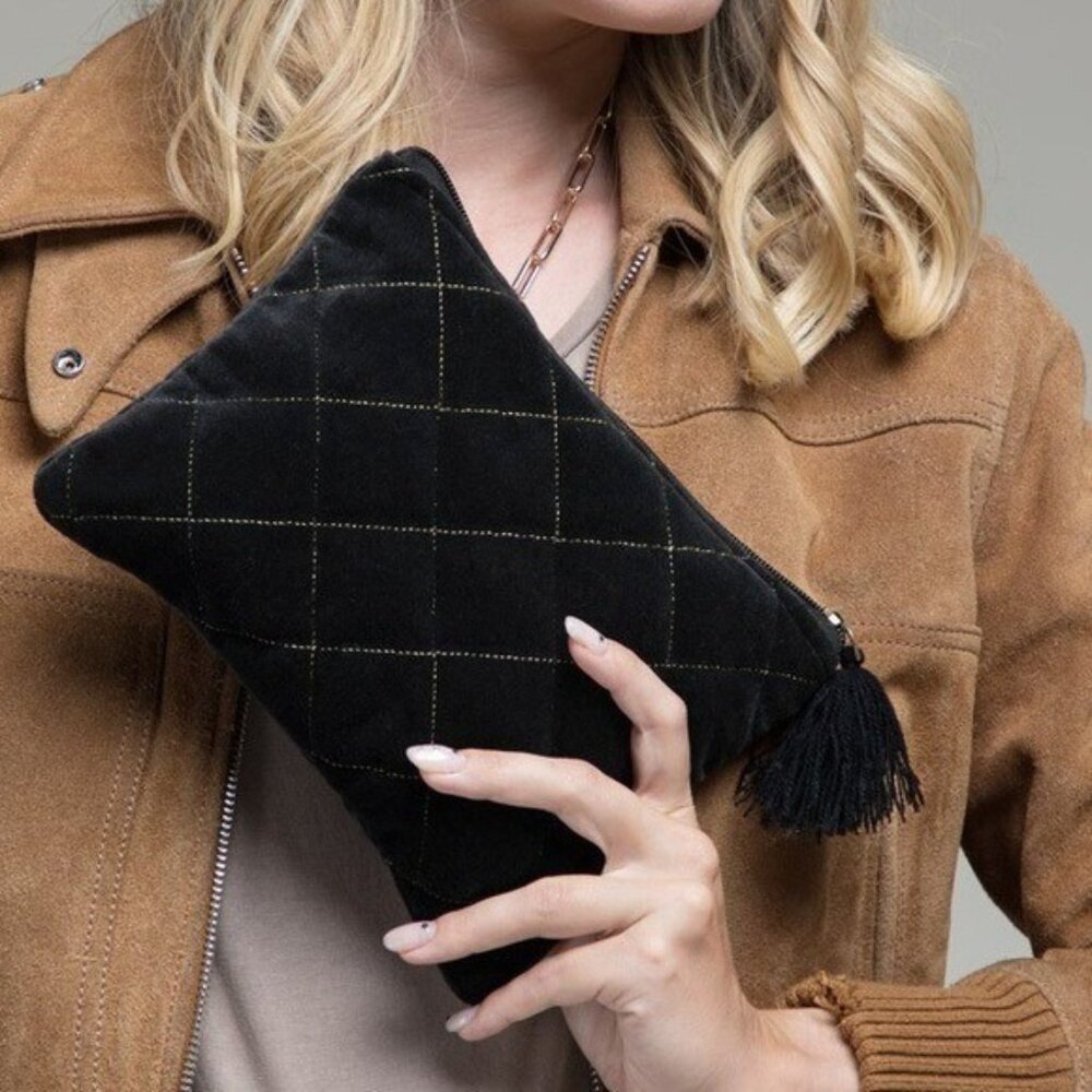 Quilted Black Velvet Clutch Pouch with Fine Thread Tassel and Zip Top Metallic